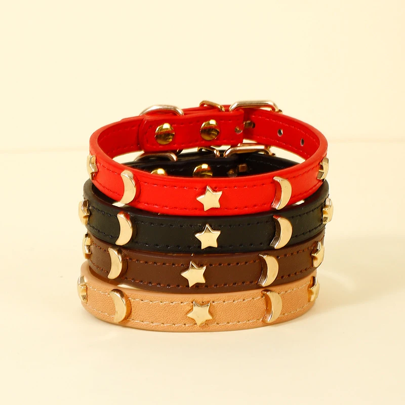 Cute Cat Collar Soft Leather Pet Collars For Small Dog Kitten Puppy Necklace Cat Accessories Star Moon Rivets Decoration XS-M