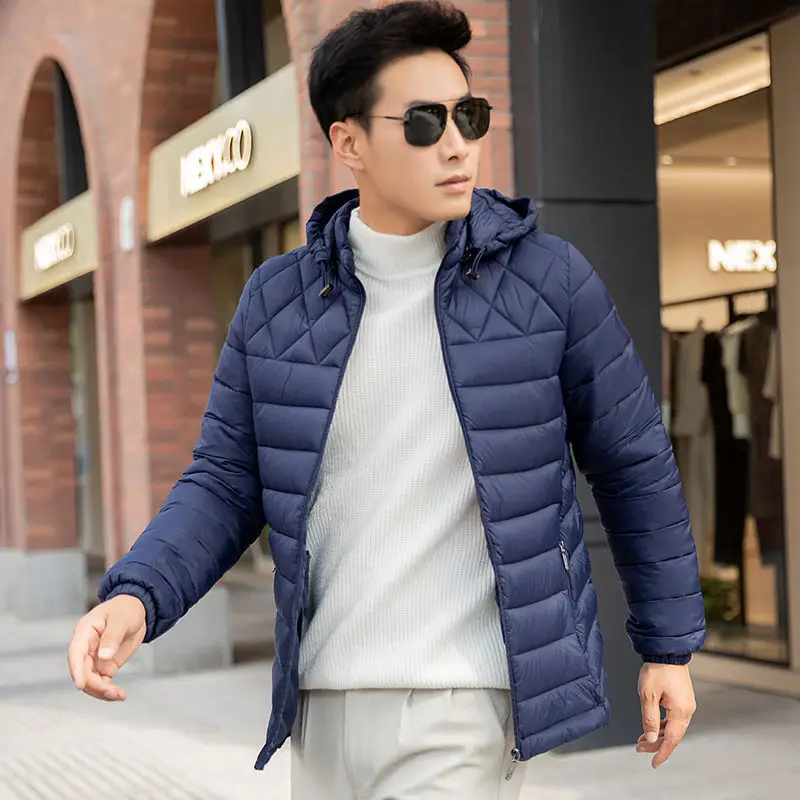 

2022 Fashion Men's Short Youth Slim Coat Water-Resistant Detachable Hat Padded Solid Hooded Cotton Warm Coat Streetwear W10