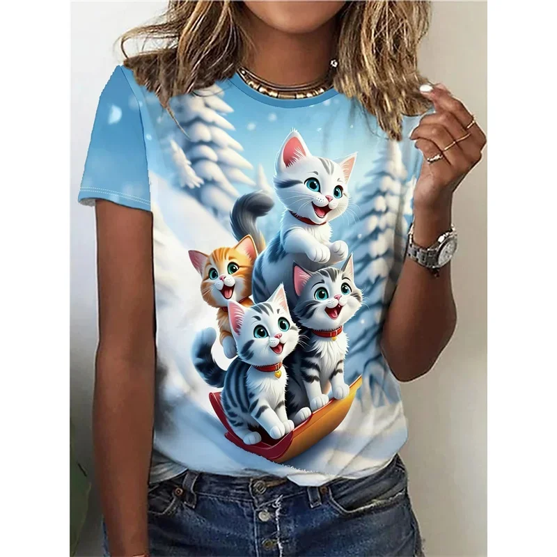 クールな猫柄Tシャツ レディース 可愛い動物 3Dプリント 半袖 夏 オーバーサイズTシャツ Oネック トップス ティー ストリートウェア