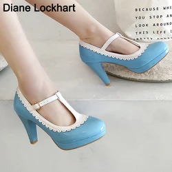 Vintage T Strap Mary Janes Shoes For Women Blue Patent Leather Pumps Female Platform Heels Ladies Footwear Sandalias De Mujer