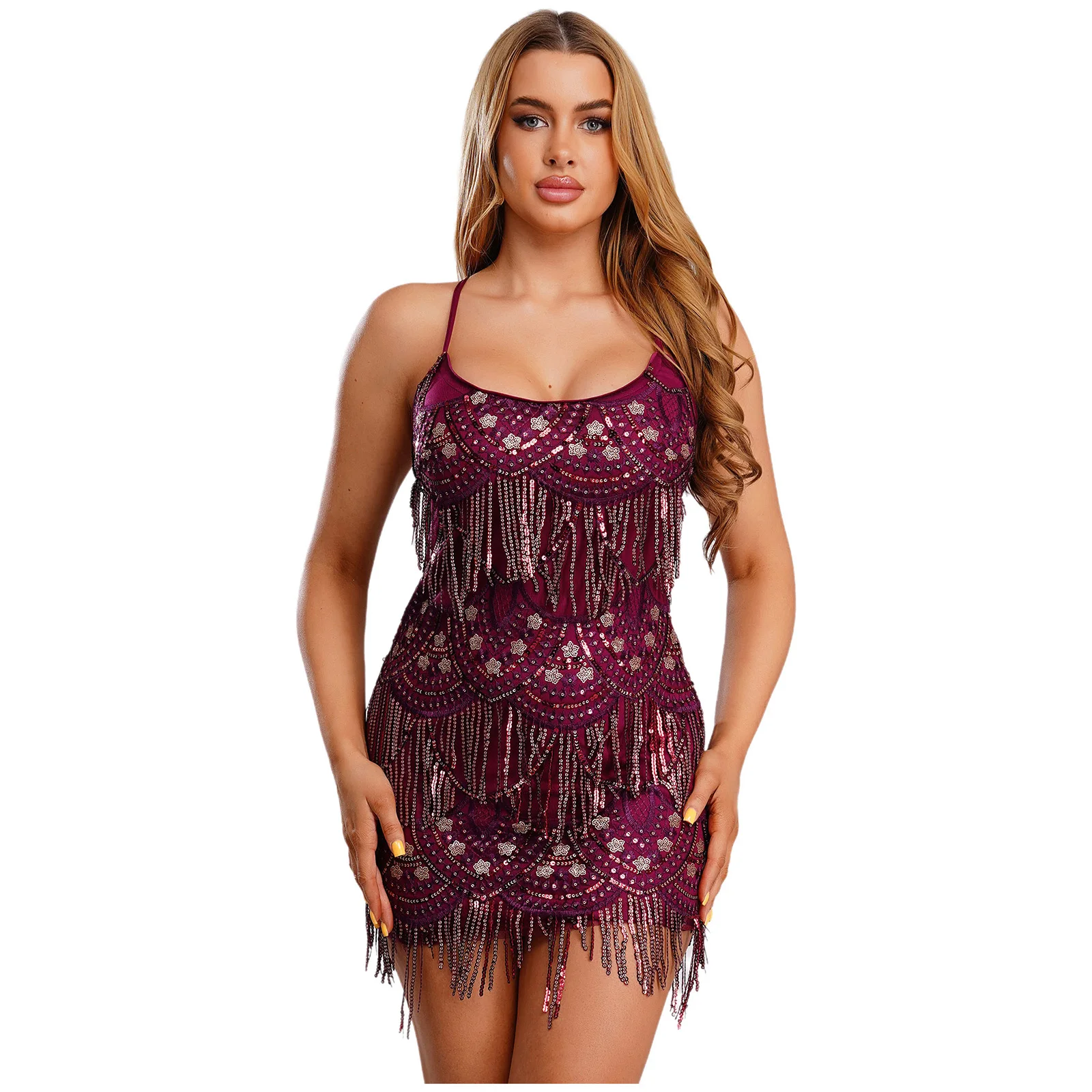 Vestido feminino bordado de lantejoulas com borla em camadas, mini vestidos curtos brilhantes, alças espaguete, costas nuas, bodycon, roupa de balada