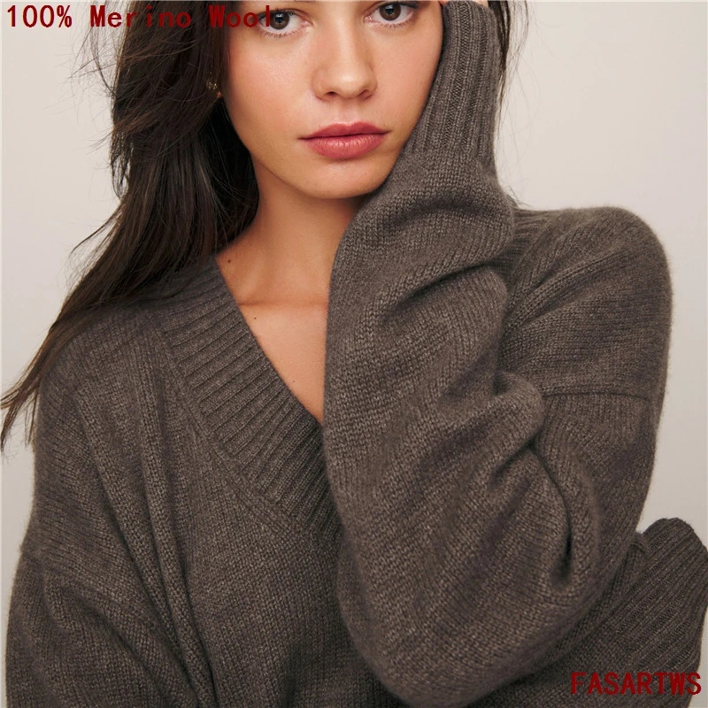 100% سترة صوف خالصة الخريف/الشتاء جديد عادية بلون محبوك القمم كبيرة الخامس الرقبة المرأة حجم كبير فضفاض البلوز قاعدة سترة
