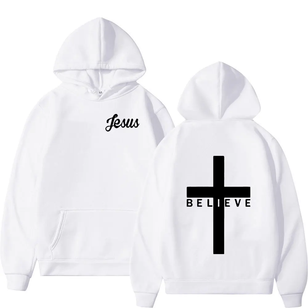 Believe Cross Jesus Christian Hoodies Bible Verse Mens Women Clothing Fashion Vintage Sweatshirts Casual Pullovers Streetwear