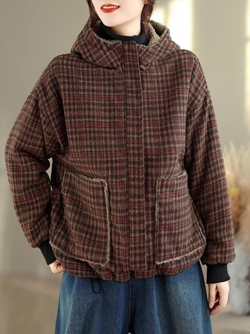 

Двусторонняя куртка из флиса с капюшоном, новинка 2025 года, зимнее толстое бархатное и универсальное повседневное хлопковое пальто в клетку для женщин, верхняя одежда W1220