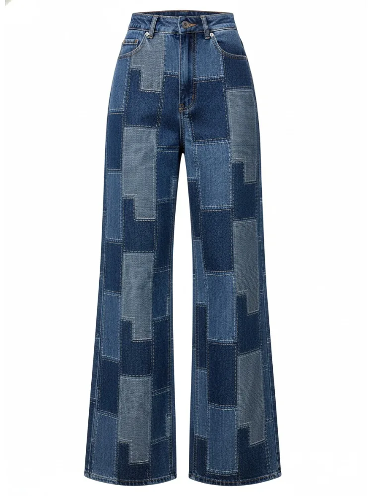 

Missuoo 2026 Summer New Women's Blue Patchwork High-Waisted Wide Leg Jeans Retro Casual Streetwear Pants Party Wear Trousers