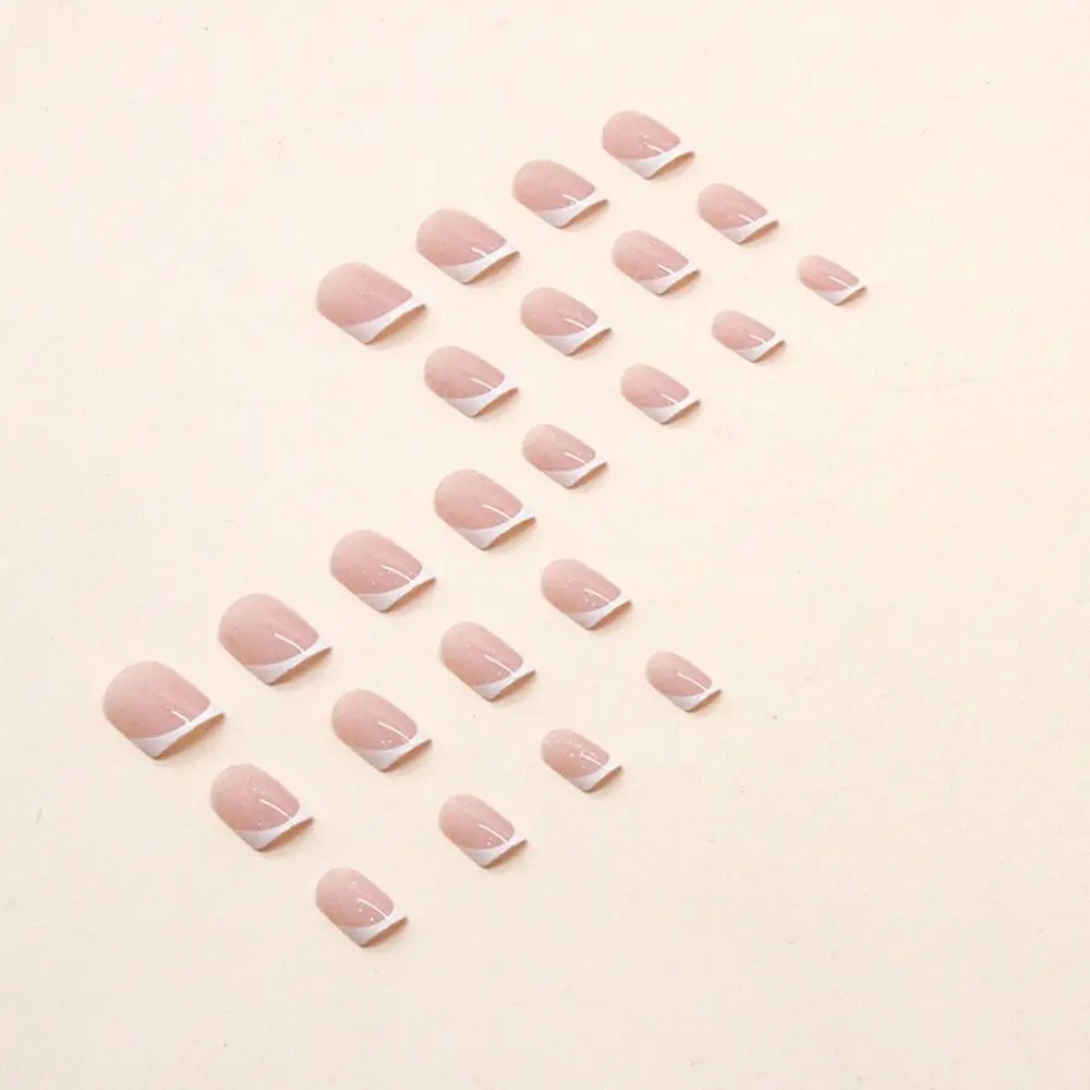 24pcs Nail Tips DIY Pink Press on Nails White Edge Short Square Simple False Nails French