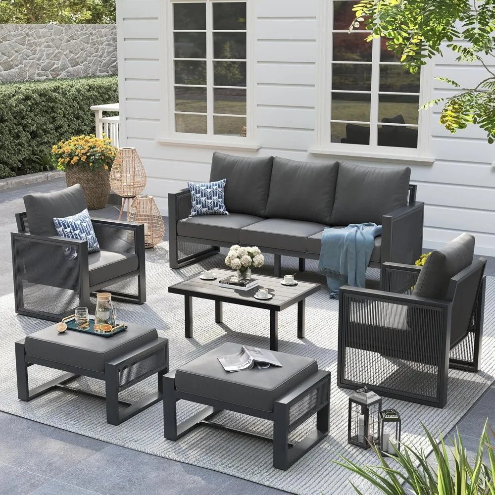 

Patio Furniture Set with Ottoman, 6 Piece Modern Aluminum Outdoor Furniture Set, Patio Conversation Sets with Thickend Cushions