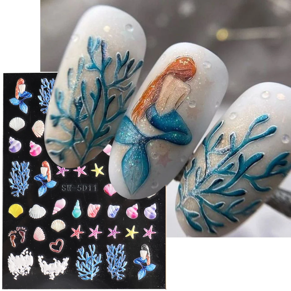 5D Embossed Ocean Decals Nail Stickers Mermaid Sea Animal Summer Design Seaweed Starfish DIY Engraved Decoration Manicure Wraps