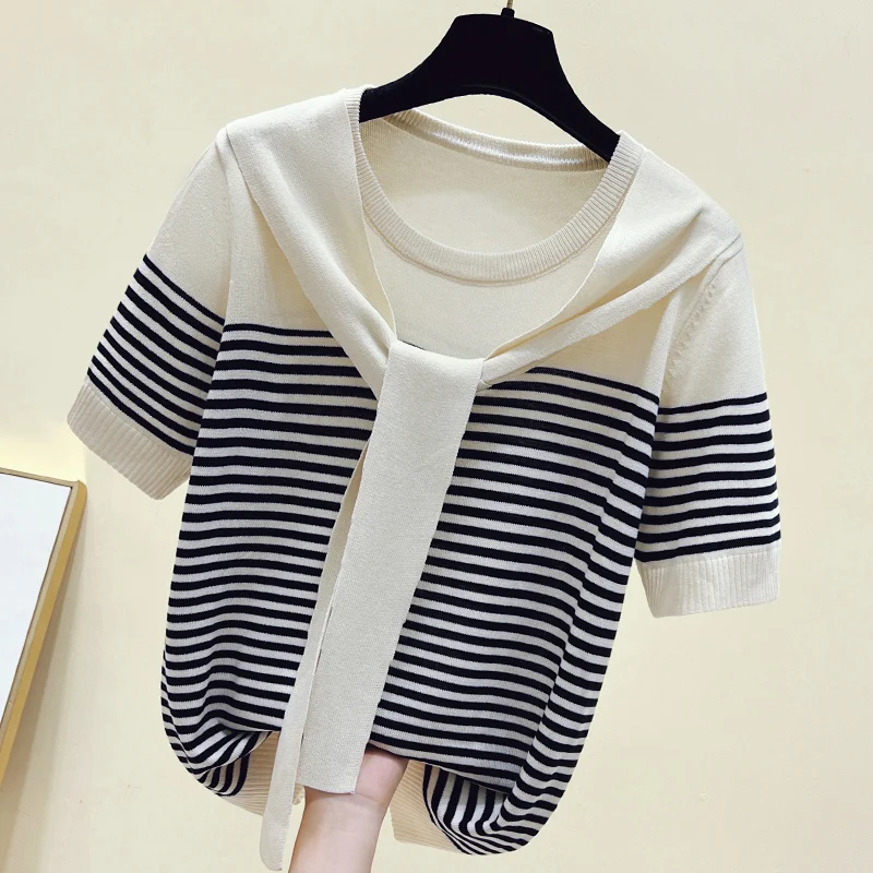 女性のグラデーションストライプニットTシャツ、ラディーズ-ネックプルオーバー、半袖knitwear、アイスシルク、スタイリッシュ、ヴィンテージ、夏、2022