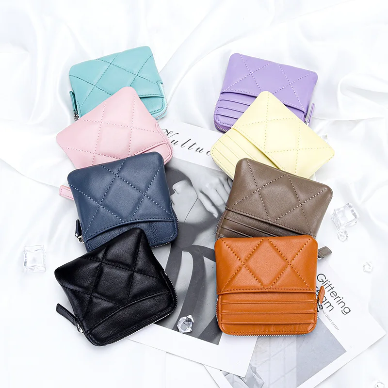 

Luxury Embroidery Sheepskin Female Short Wallet Brand Check Thread Genuine Leather Mini Zipper Card Holder Coin Purse for Women