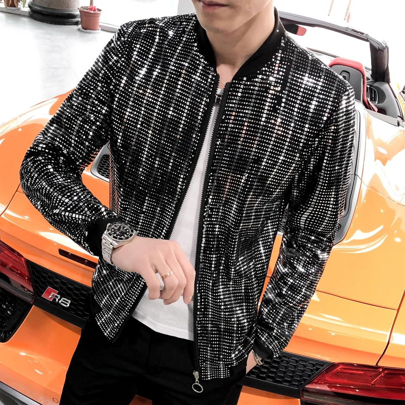 Silver Sequin Windbreaker Jacket Luxury Fashion Autumn Zipper Lightweight Bomber Jacket Men Hip Hop Dance Singer Stage Costume