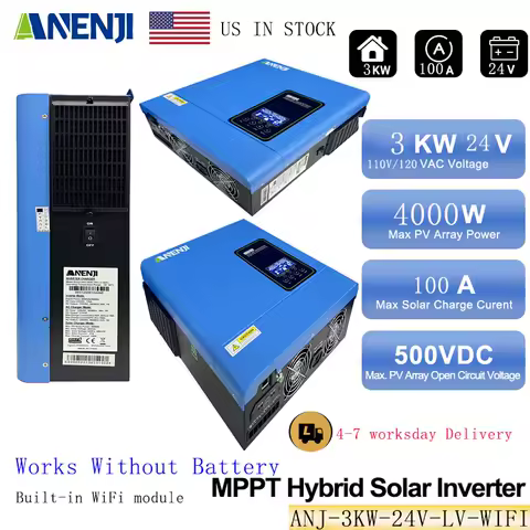 ANENJI 3KW 24V Hybrid Solar Inverter 110V/120VAC MPPT Pure Sine Off Grid Photovoltaic Inverter with100A Solar Charger PV 500VDC