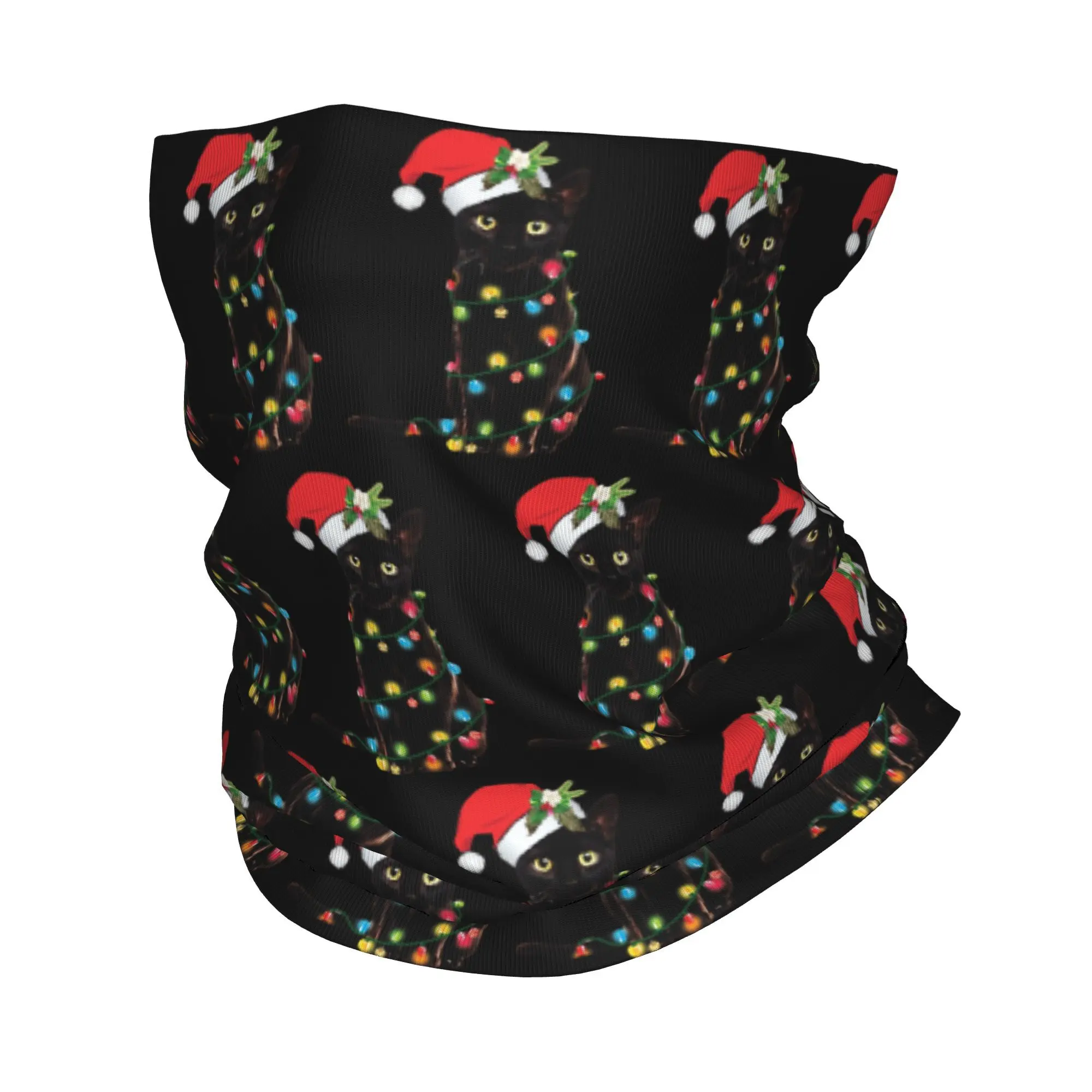 

Black Santa Cat Tangled Up In Lights Christmas Santa Bandana Neck Gaiter Printed Magic Scarf Multi-use Headband Running Unisex