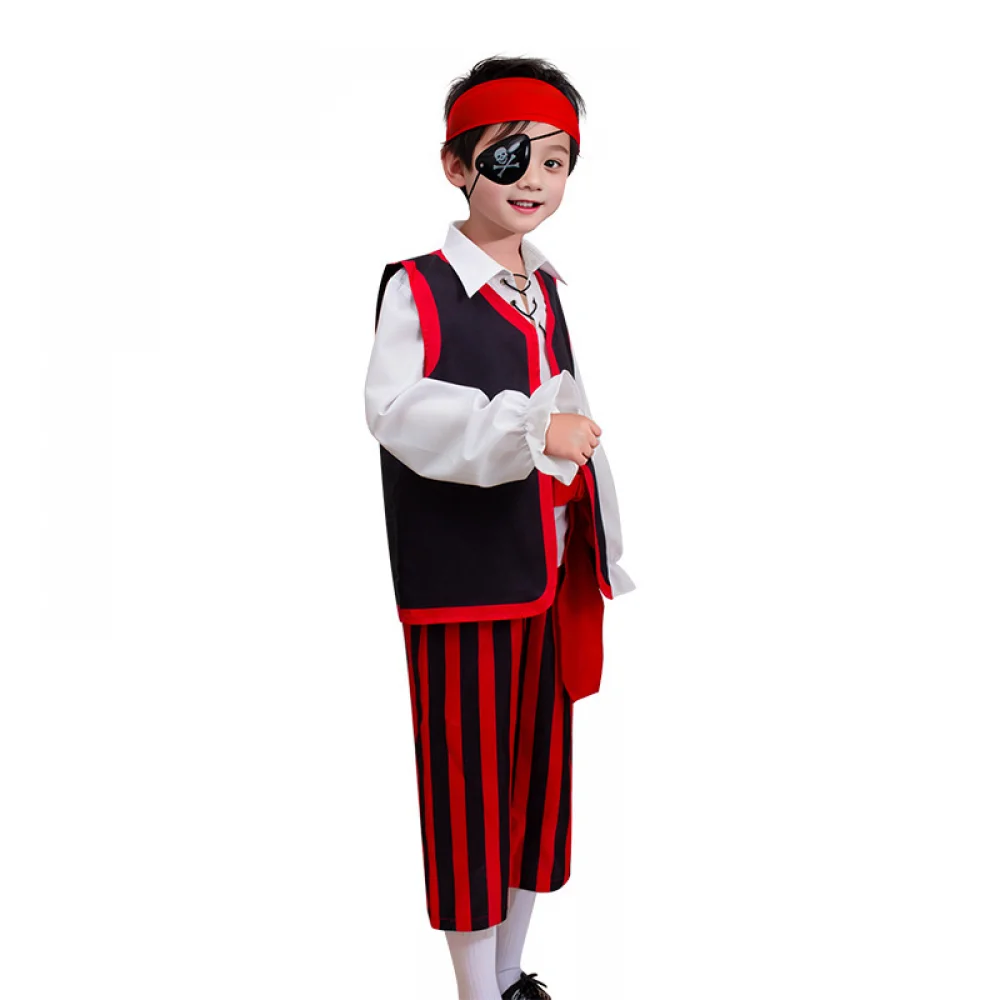 6 Pcs Pirate Cosplay Costume For Children Gift Hair Band Headgear Kids Coat Pants With Accessories Set For Halloween Party Stage