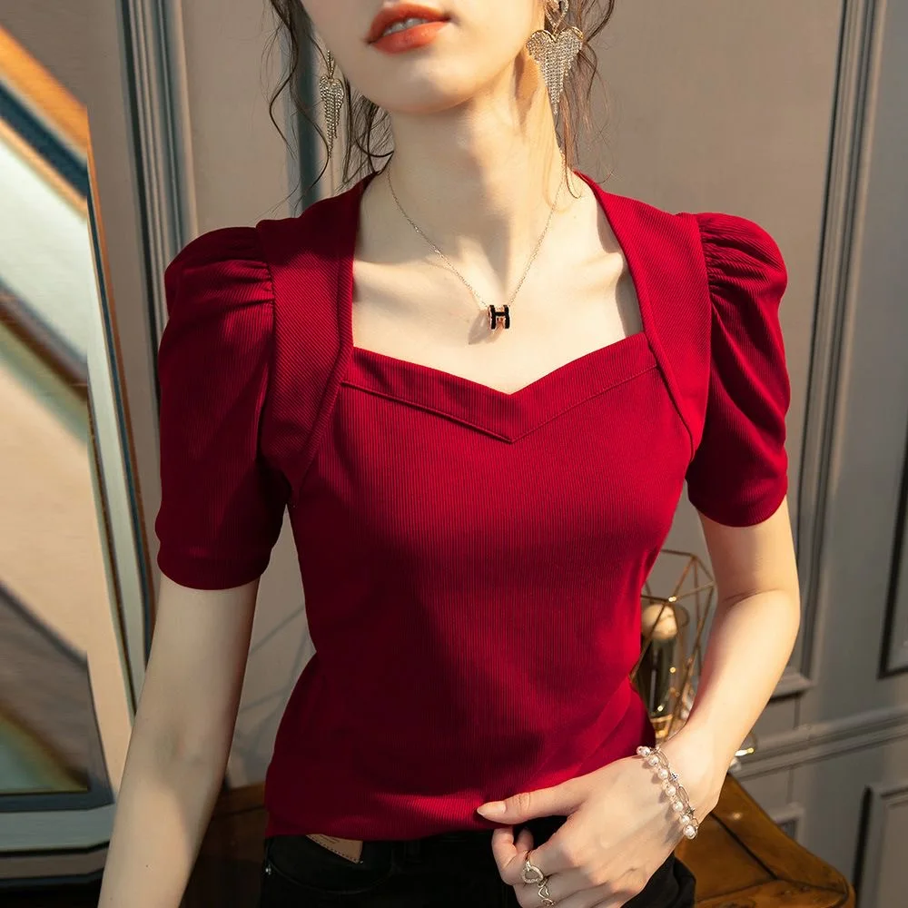 Woman\'s Clothing Spring Summer Style Basic T-Shirts Tops Lady Slim Short Puff Sleeve Square Collar Blouse Tops SS062