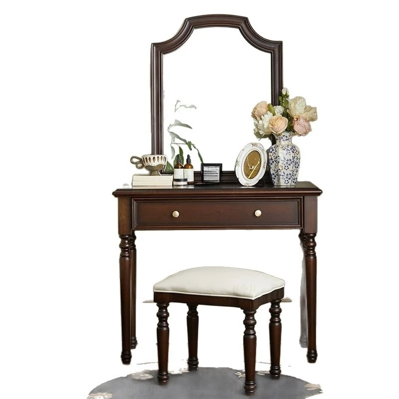 American retro dresser bedroom small apartment light luxury solid wood makeup table storage integrated French medieval dresser