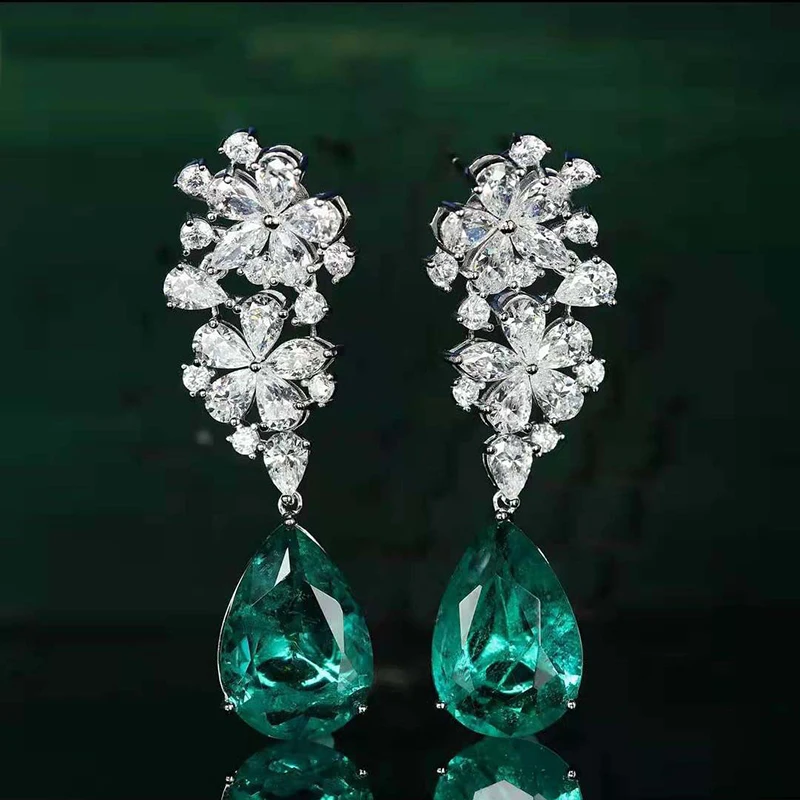 Huitan Gorgeous Flower Dangle Earrings with Waterdrop Green Cubic Zircon Luxury Wedding Bridal Earrings Trendy Jewelry for Women