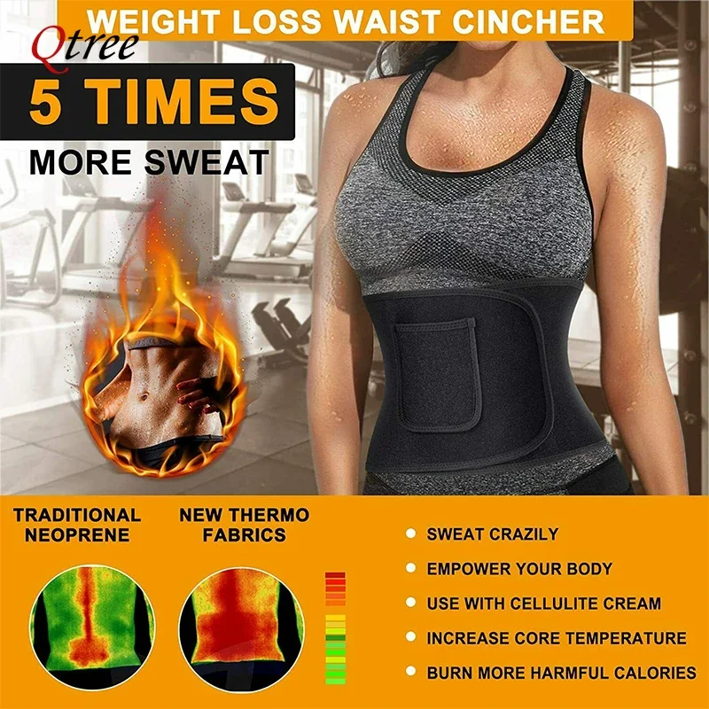 Qtree cintura Cincher cuerpo Shaper Wrap mujeres vientre entrenador cinturón Sauna sudor adelgazamiento entrenamiento faja con bolsillo quemador de