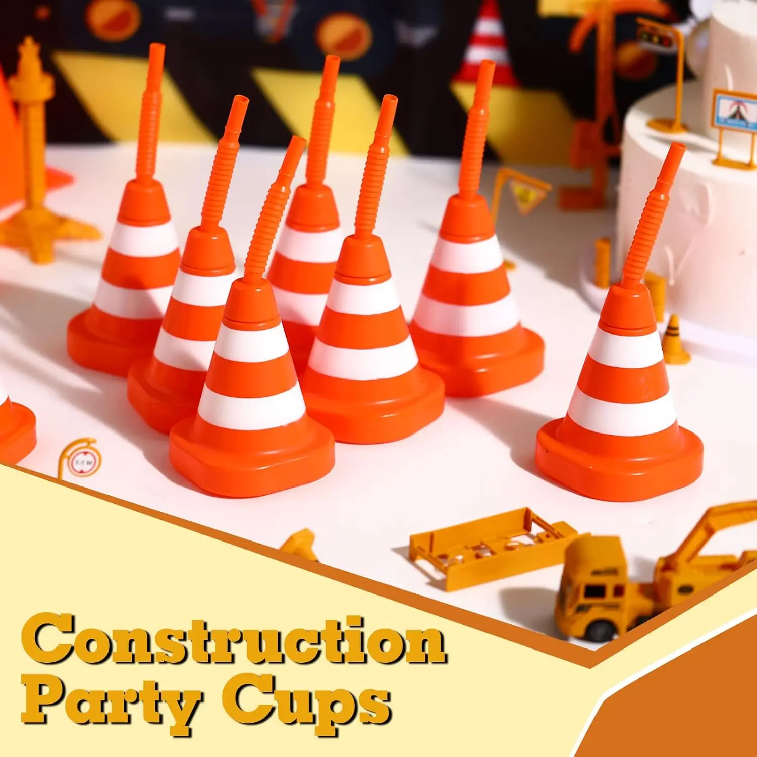 Construction Cone Cups with Straws, Traffic Party Favor Cups,Kids Party Race Cups Set for Construction Traffic Theme Racing Car