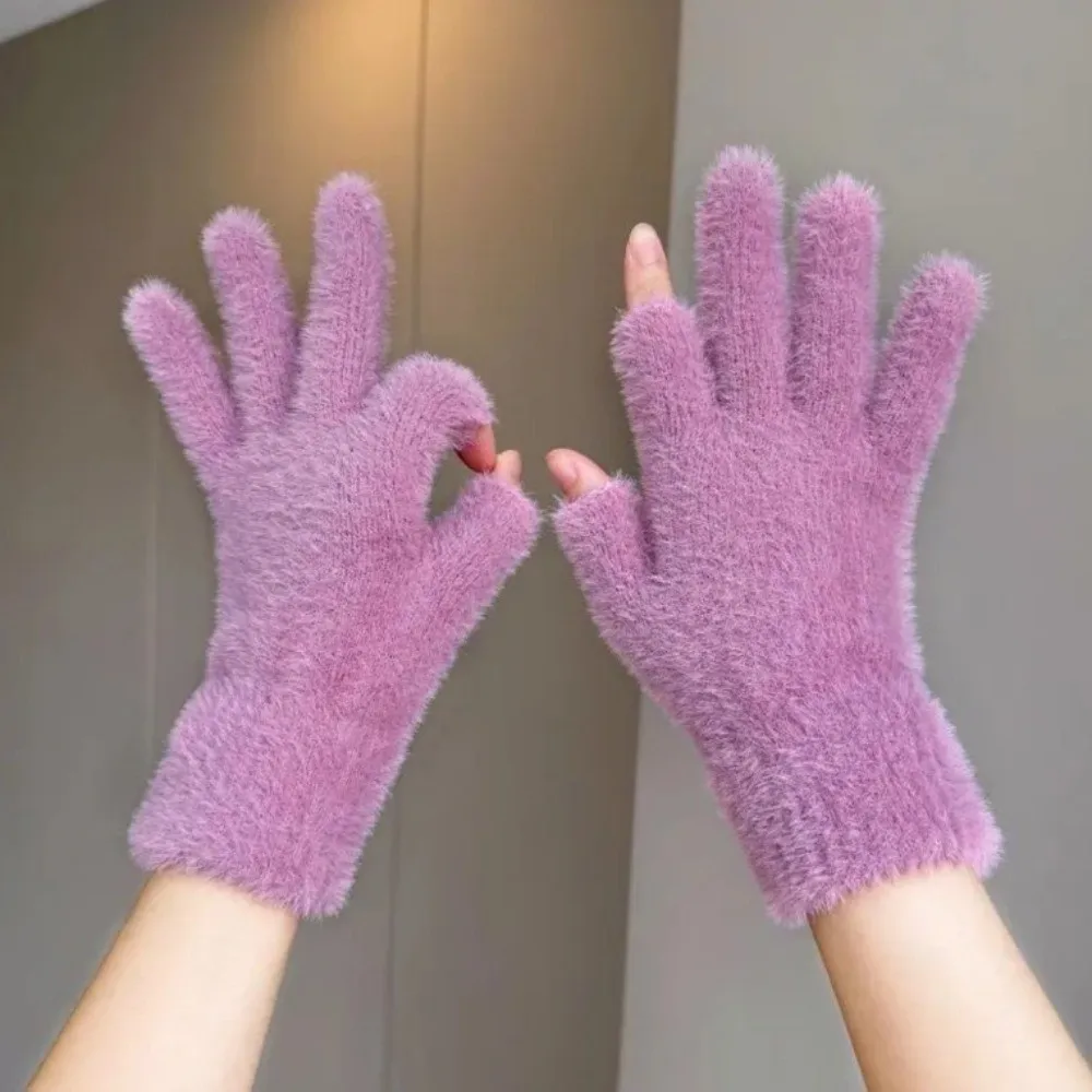 Solid Color Touch Screen Gloves Knitted Fabric Faux Rabbit Fur Warm Winter Gloves Unisex Design Windproof Two-Finger Gloves