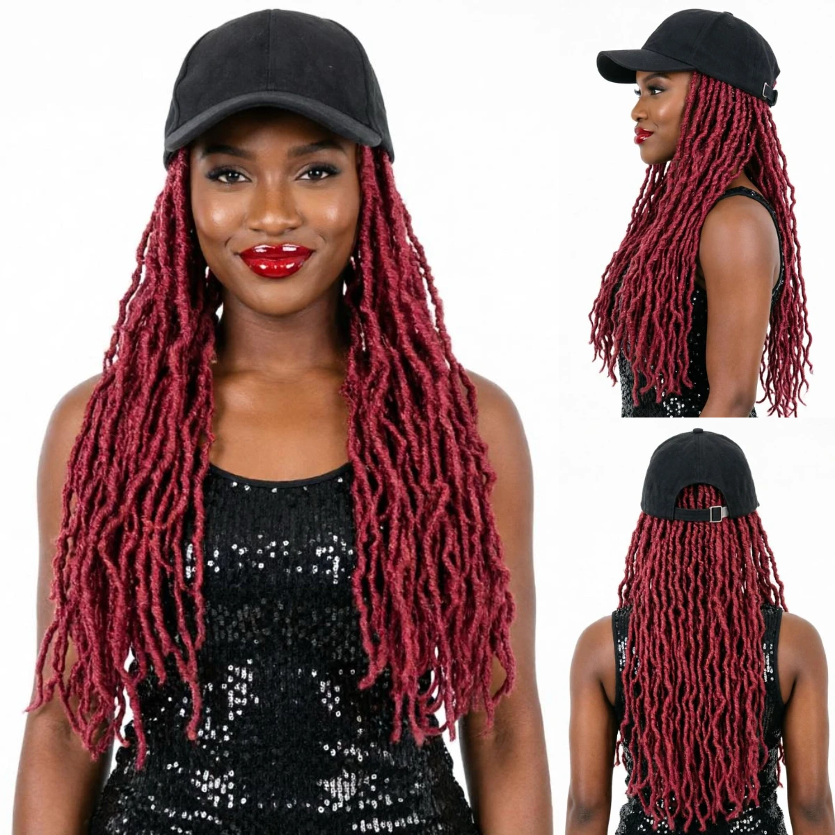 

Baseball Cap Wig Red Goddess Locs Boho Crochet Braids Burgundy Synthetic Wig Black Women Quick Install- Wigera
