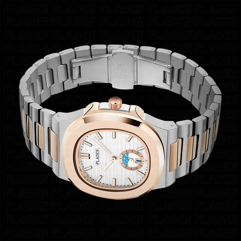 PLADEN-Reloj clásico para hombre, resistente al agua, a prueba de golpes, de oro rosa, de acero inoxidable, luminoso, resistente al agua, de pulsera