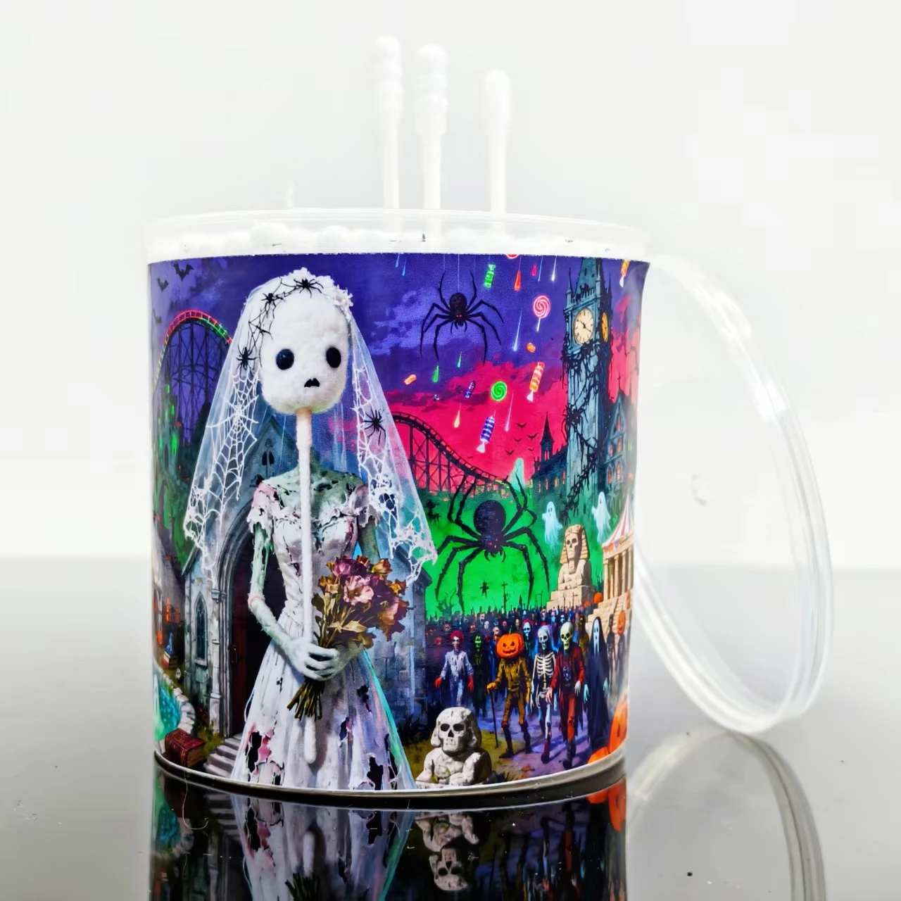 200 Pcs Kapas Tampung Bertema Pengantin Hantu Berdarah Halloween, Kapas Tampung Putih Berpola Spiral Tunggal untuk Hadiah Liburan