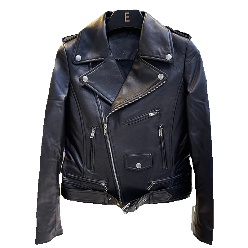 Seasonal New Women\'s Genuine Leather Coat Short Slimming Jacket Motorcycle Coat Trendy Pink