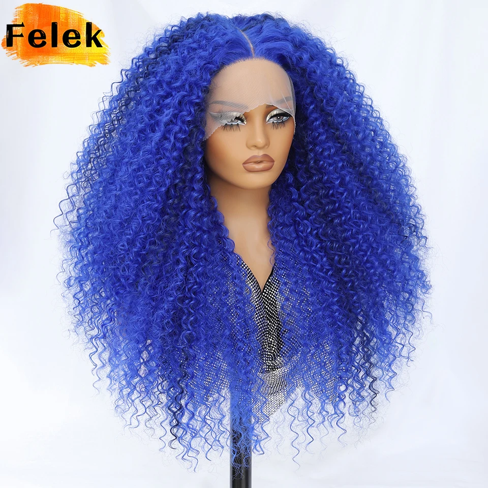 

Blue Black Kinky Curly Synthetic Lace Wigs For Woman Ombre Brown Highlight Afro Wigs 24 Inch Curly Lace Front Wigs Cosplay Wigs