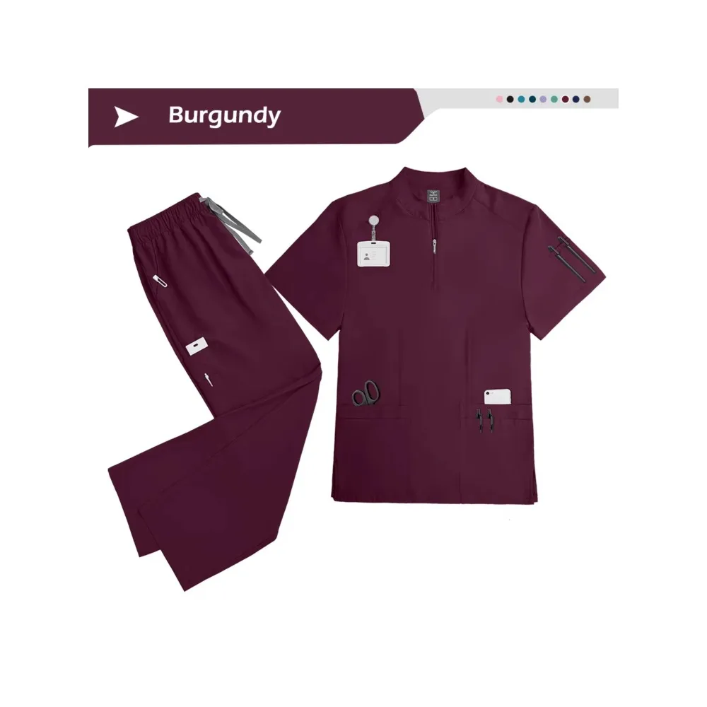 Womens Fashion Work Uniform Set Stand Collar Top & Drawstring Cuffed Jogger Pants, Soft Stretch 2 Piece Workwear in 4 Colors view 4