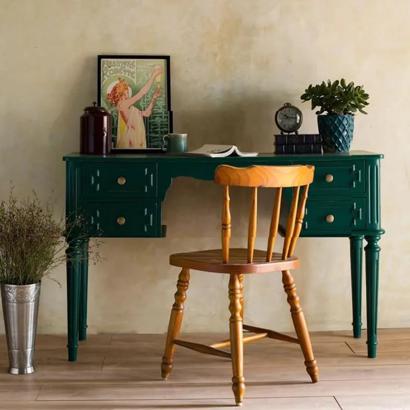 French retro solid wood desk computer desk green writing table simple modern home black desk customization