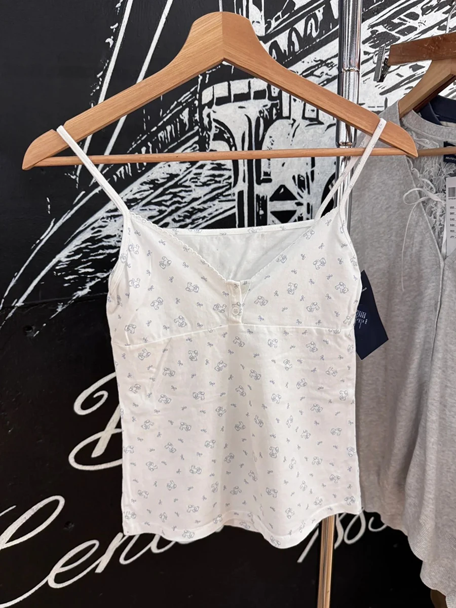 Little Bear Bow Print Slim Crop Top Woman Summer Lace Trim Buttons Sleeveless Cottton Camis Casual Sweet Cute New Tank Tops Y2k