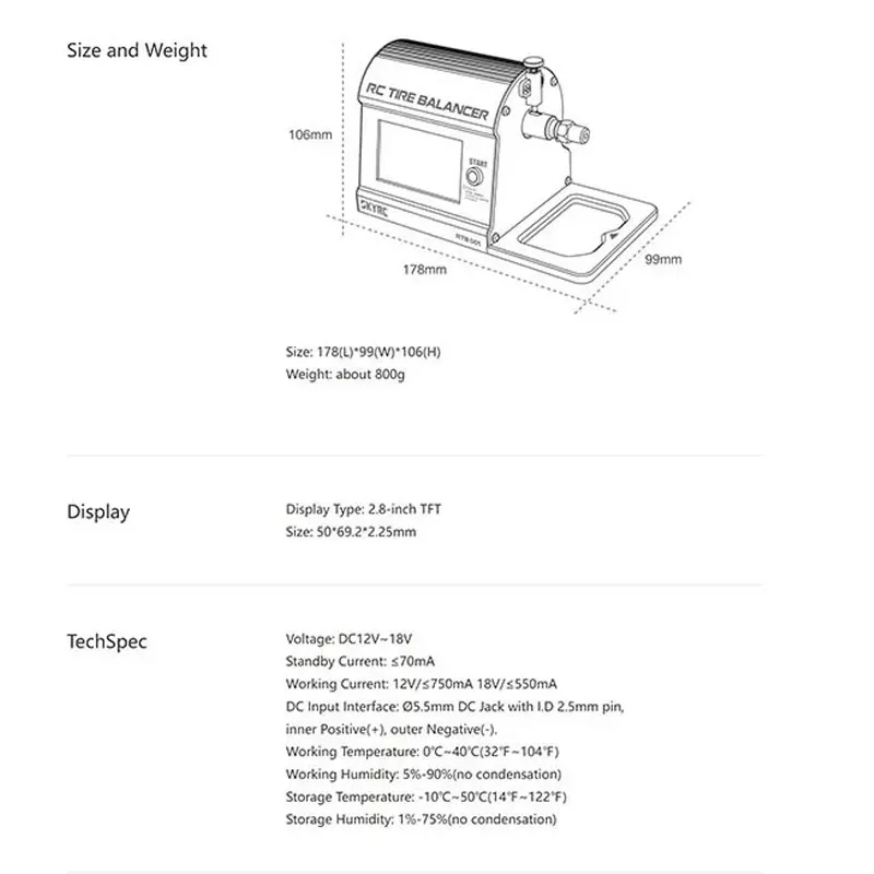 SKYRC RTB001 Équilibreur de pneus numérique Bluetooth de précision DC12 ~ 18 V App Bluetooth intégré pour les amateurs de RC et améliore les performances
