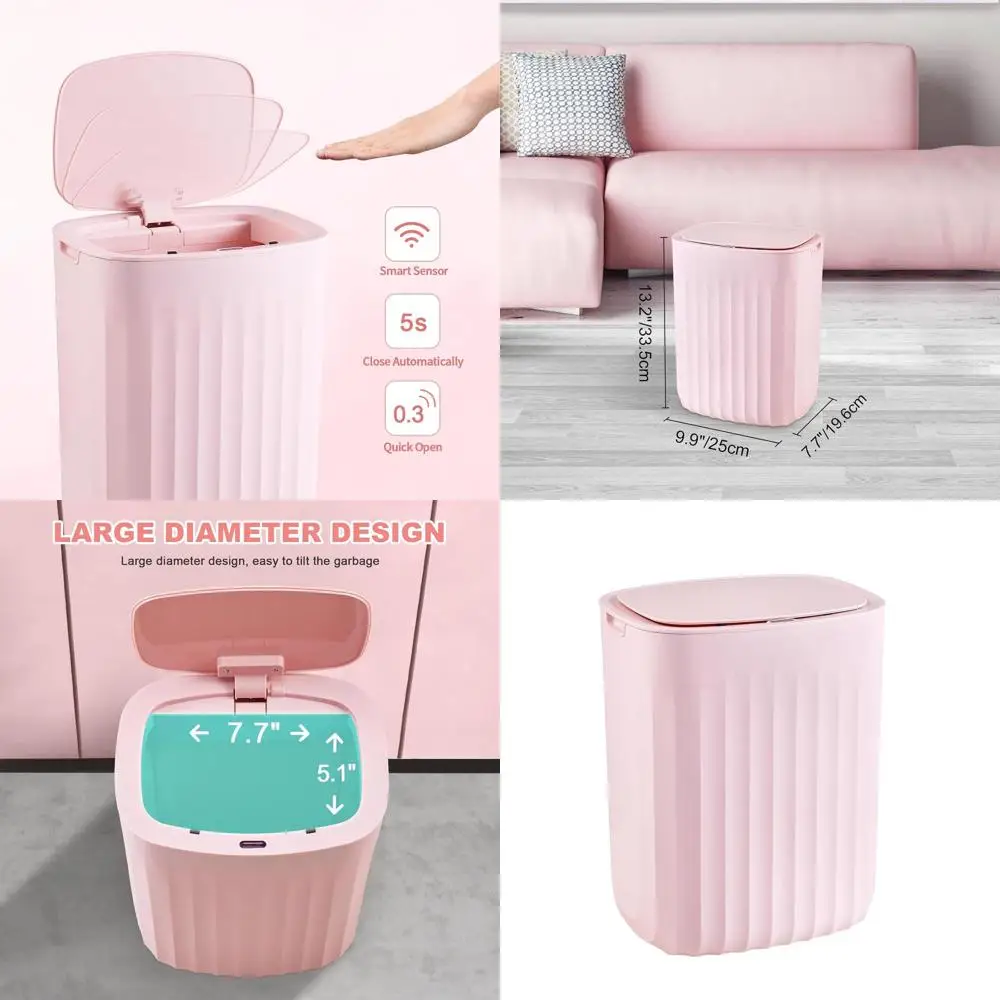 سلة المهملات بمستشعر الحركة الأوتوماتيكي باللون الوردي سعة 3.5 جالون مع غطاء لديكور الحمام وغرفة المعيشة