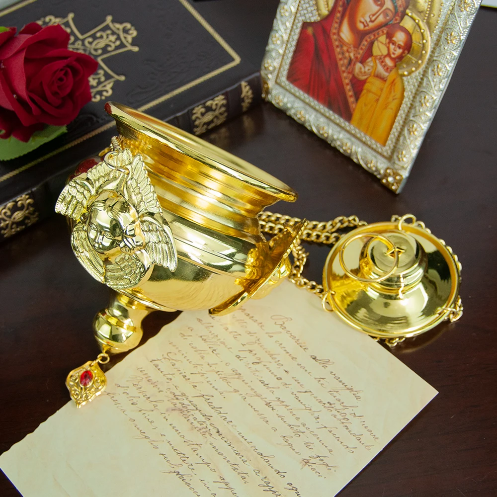 Orthodoxer Hängender Weihrauchbrenner aus Goldmetall mit Kette, Kirchen-Ritual-Altar-Gebets-Dekorations-Geschenk – Detail 9