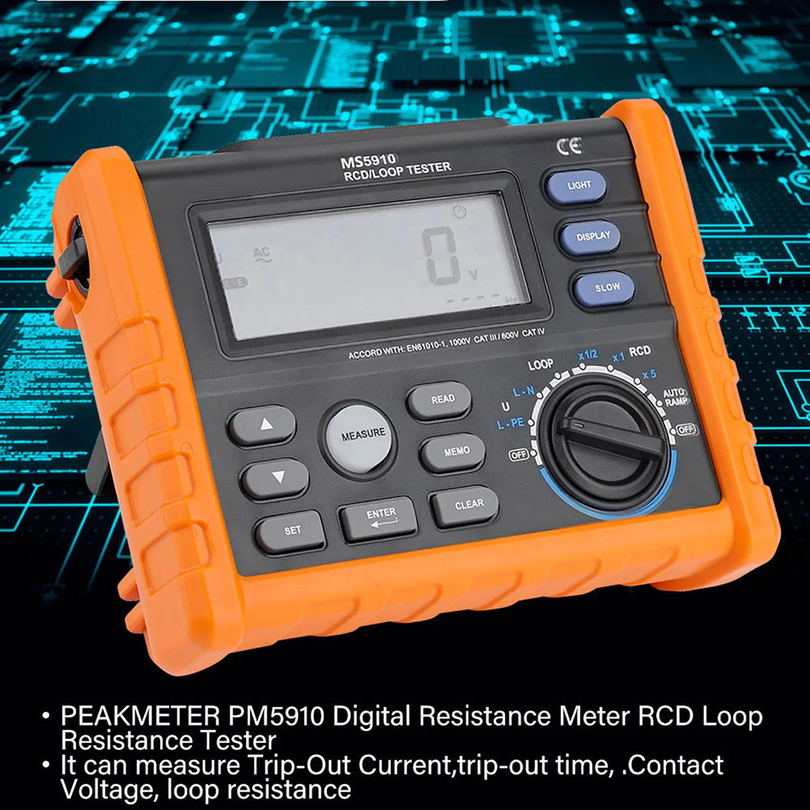 Leakage  Tester RCD Loop Resistance Tester PEAKMETER MS5910 Digital Resistance Meter RCD Loop Resistance Tester Multimeter