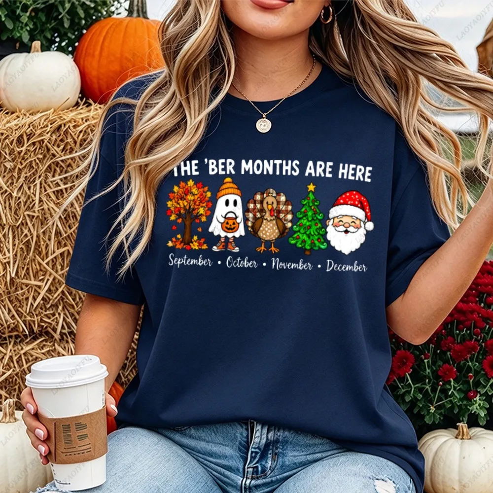The Ber Months Are Here Ghost Turkey Santa Graphic Women Casual Short Sleeve T-Shirt Seasonal Funny Holiday Countdown Y2k Top