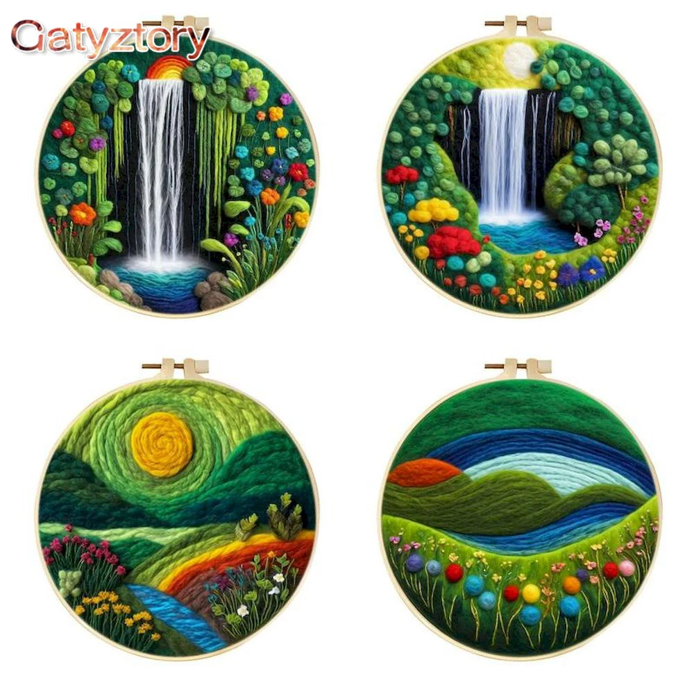 

GATYZTORY Diy Poke Wool Felt Wool Felting Painting With Embroidery 20x20cm Frame Complete Kit Waterfall Landscape Wool Felting