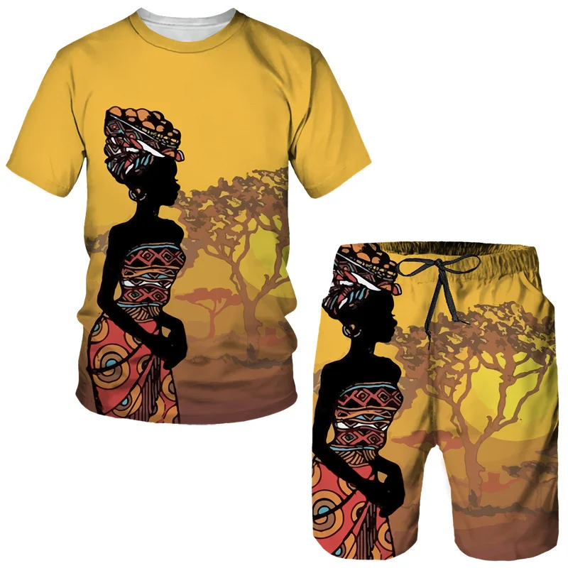 Conjunto de camisetas e shorts estampados em 3D para menina africana, camiseta e calça de manga curta extragrande, roupas estilo étnico, verão