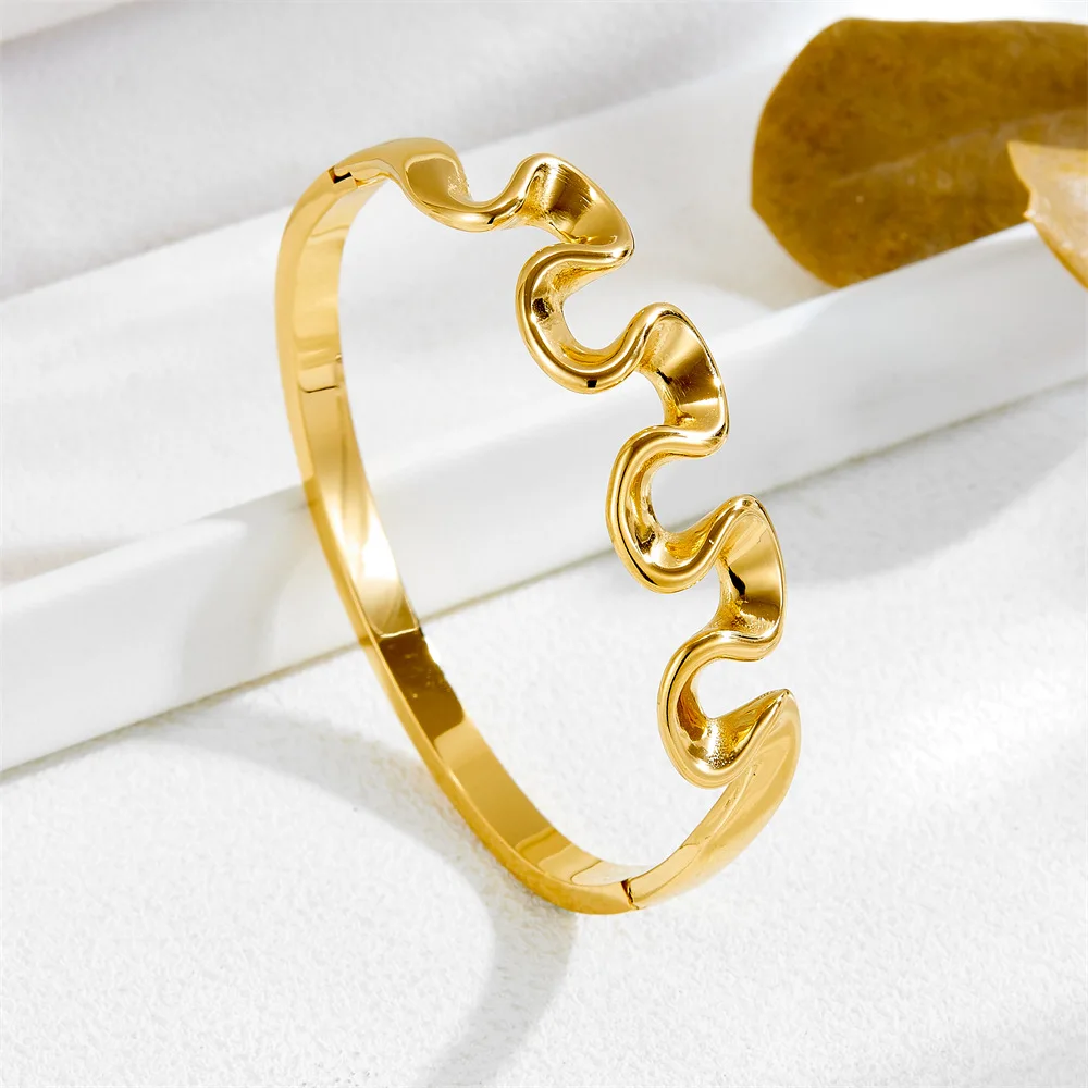 

Original Waterproof Stainless Steel Wave-Shaped Wrinkle Cuff Bracelets Uneven Irregular Casting Bangle Statement Chunky Jewelry