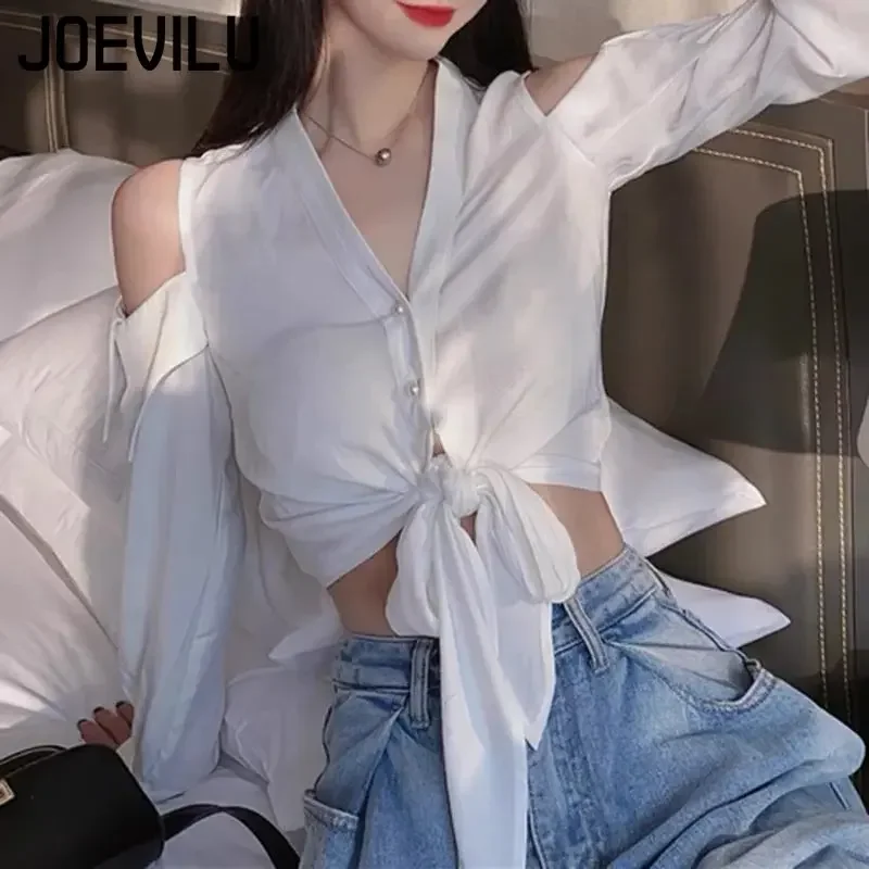 Off Shoulder V-neck Shirt Chic Lace Up Long Sleeve Crop Top French Sexy Blouse Women Korean Style Spring and Summer Elegant Tops