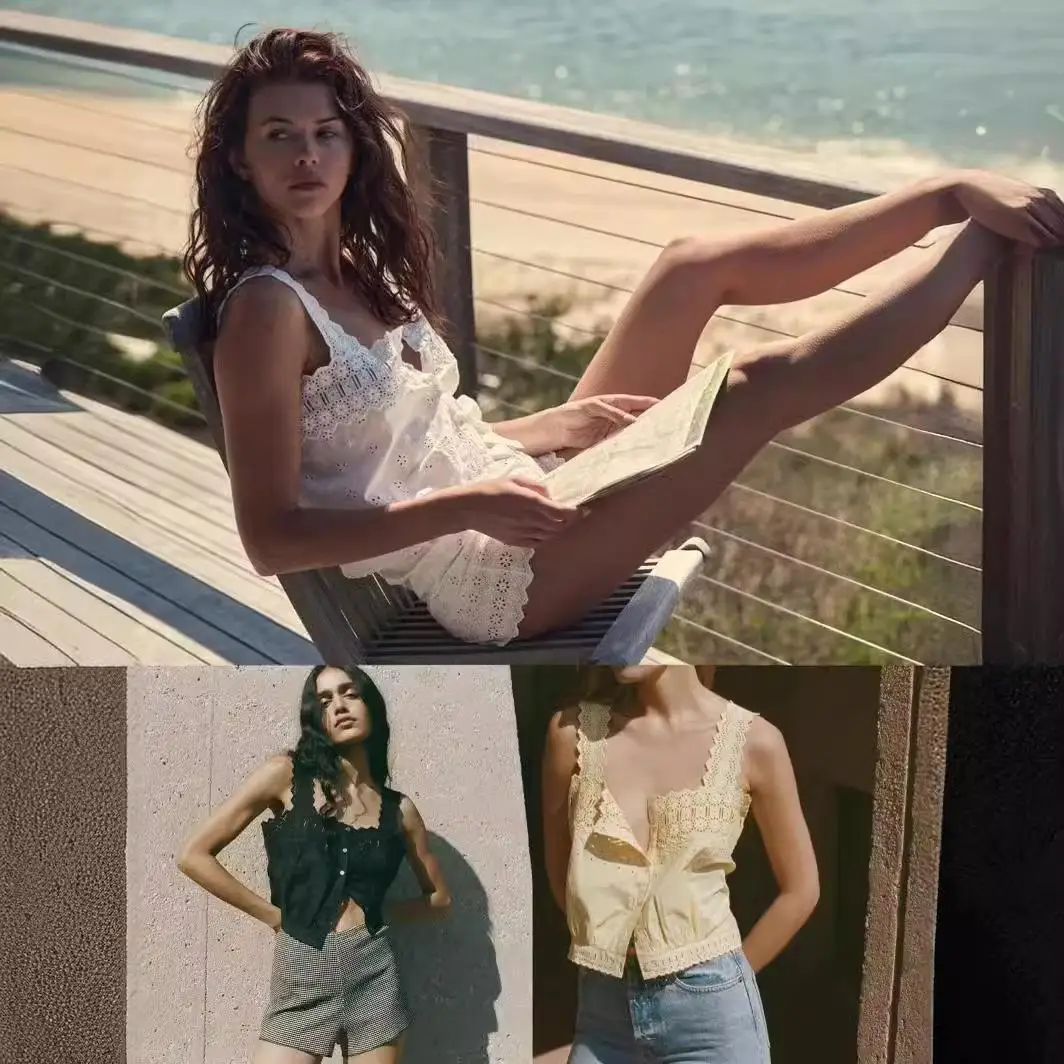 

Trendy American Sle Embroidered Hollow out Loose Fit Versatile Women's Square Collar Strap Top Cotton ort Sve Vest