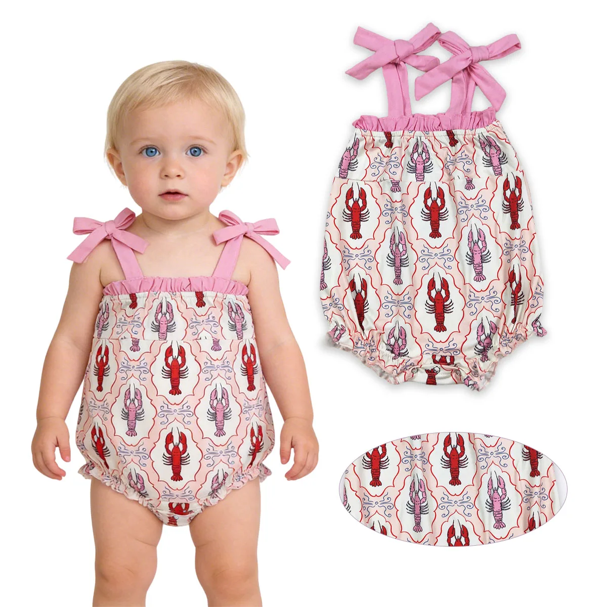 Newborn Little Baby Girl Strap Bows Crayfishes Checked Ruffle Rompers Kids Bubbles Cute Comfortable Children Clothing Wholesale