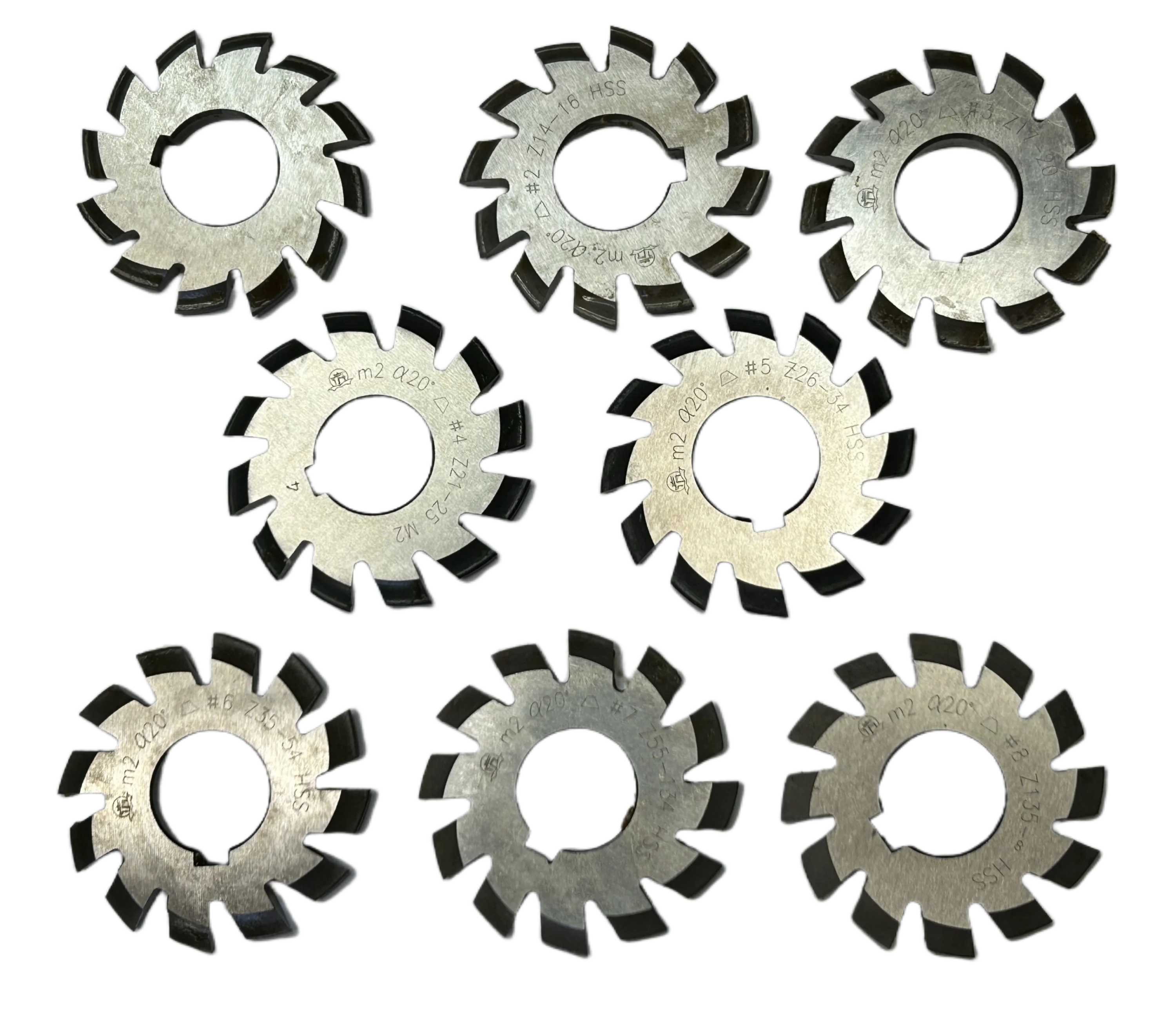 

Bevel gear milling cutter M4 M5 M6 M8 M10 Modulus PA20 degrees NO.1-NO.8 8pcs/set HSS Disc milling cutter