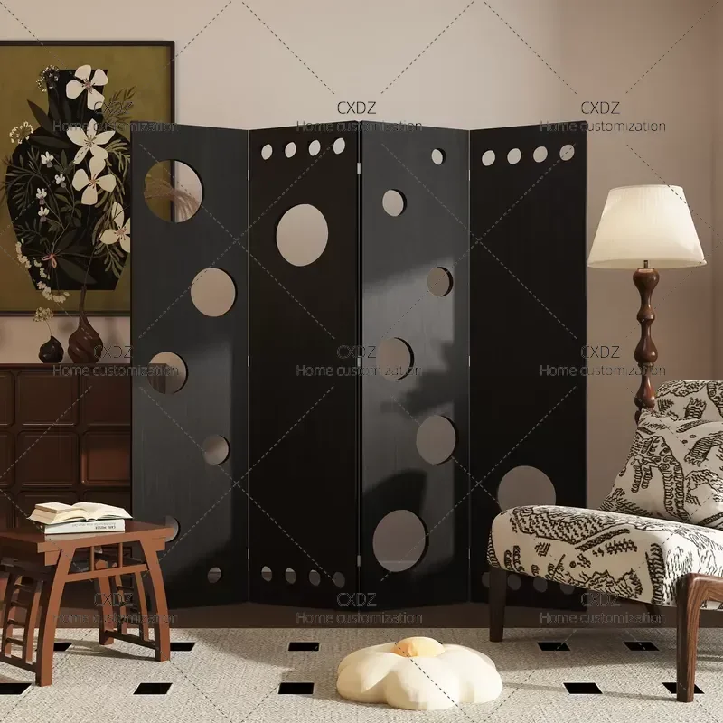 Medieval Solid Wood Screen Partition Living Room Hollow Door Folding Mobile Decoration Blocking Retro Folding Screen