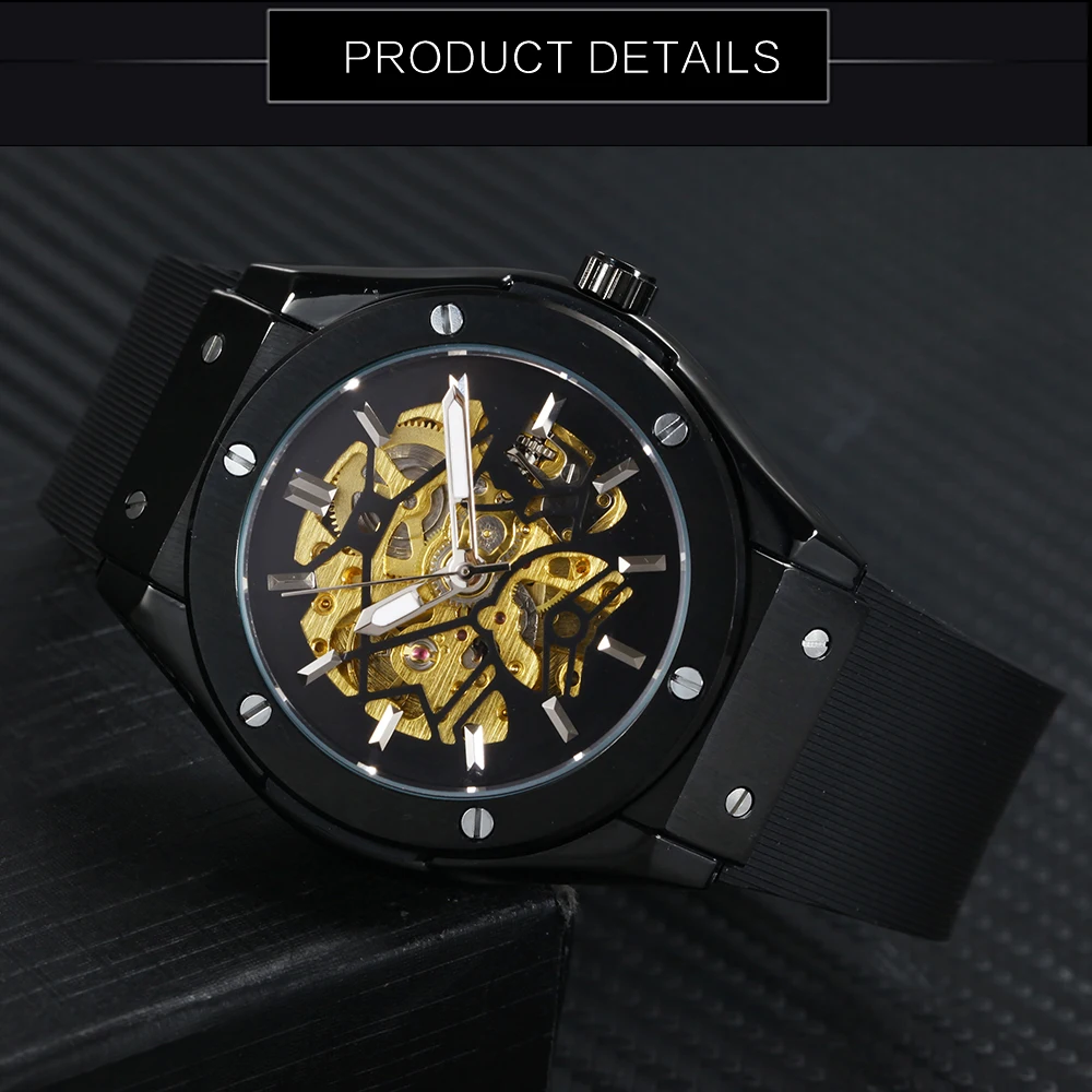 Fashion Winner Top Brand Automatic Mechanical Watch Men Rubber Strap Skeleton Dial Male Clock Military Sports Style Wristwatches