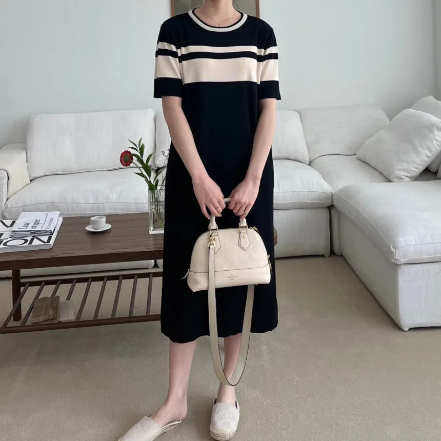 REALEFT Summer 2024 New Casual Loose Women\'s Knitting Dresses Female Colorblock Straight O-Neck Short Sleeve Korean Long Dress