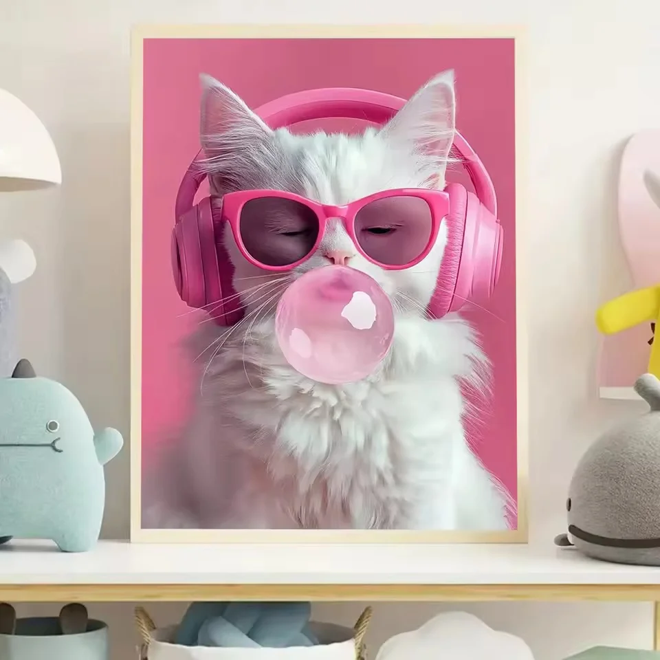 Funny Animal Cat Poster and Printing Modern Pink Cat Listening To Music Canvas Paintings Office Bedroom Bathroom Home Decor