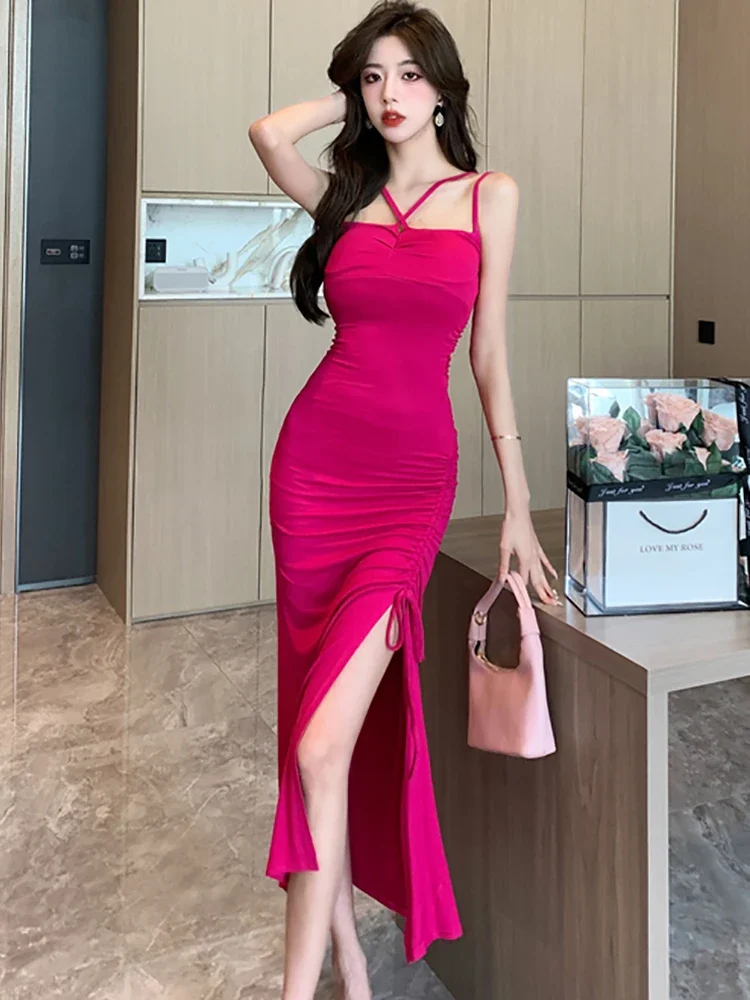 Women Fashion Chic Sling Sexy Dress Summer Korean Luxury Eveing Dress 2025 New Rose Red Elegant Bodycon Bandage Slit Long Dress