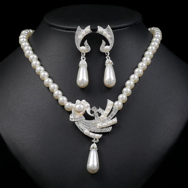 Crystal Wedding Necklace  Fashion Imitation Pearl  Earring Bridal For Women Elegant Rhinestone Jewelry Sets Party Gif